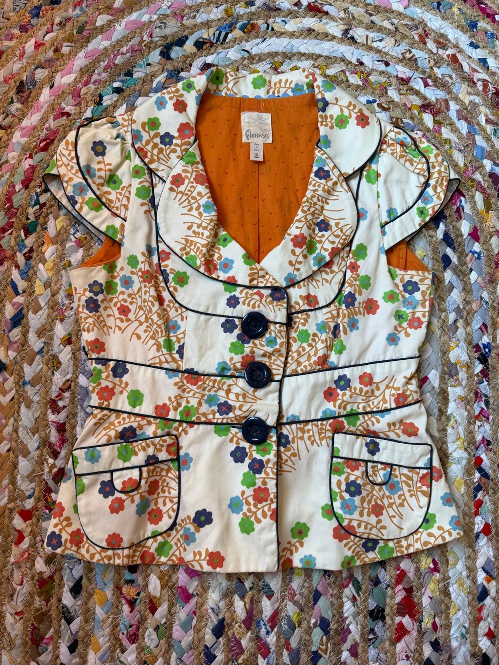 Vintage Anthropologie Elevenses Floral Cotton Peplum - Orange Lining